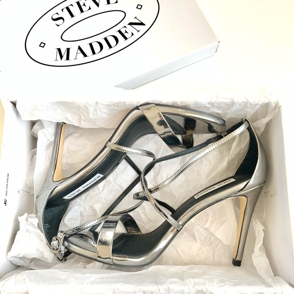 STEVE MADDEN STRAPPY HEELS - FELIZ PEWTER SIZE 8.5 - Picture 3 of 11